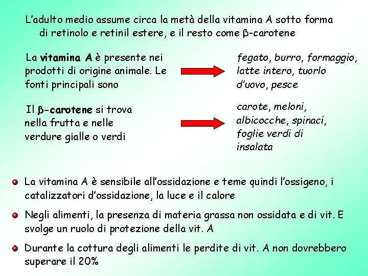 L’adulto medio assume circa la metà della vitamina A sotto forma di retinolo e