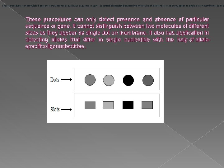 These procedures can only detect presence and absence of particular sequence or gene. It