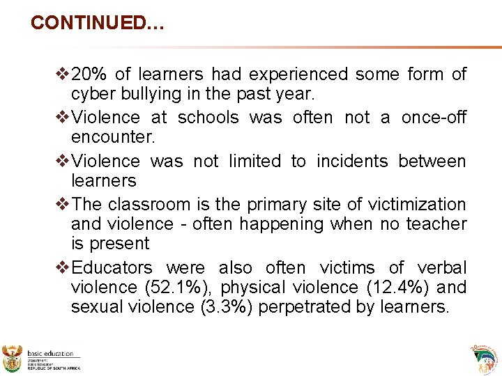 CONTINUED… v 20% of learners had experienced some form of cyber bullying in the