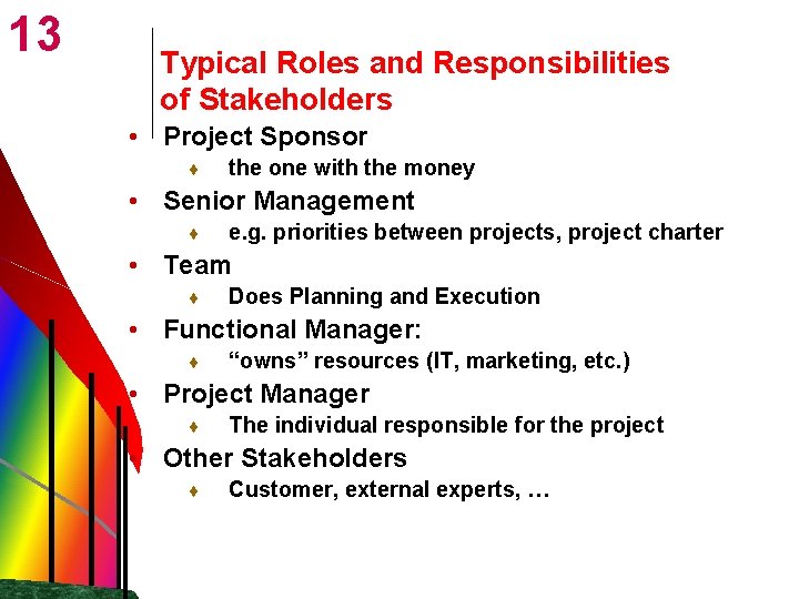 13 Typical Roles and Responsibilities of Stakeholders • Project Sponsor ¨ the one with