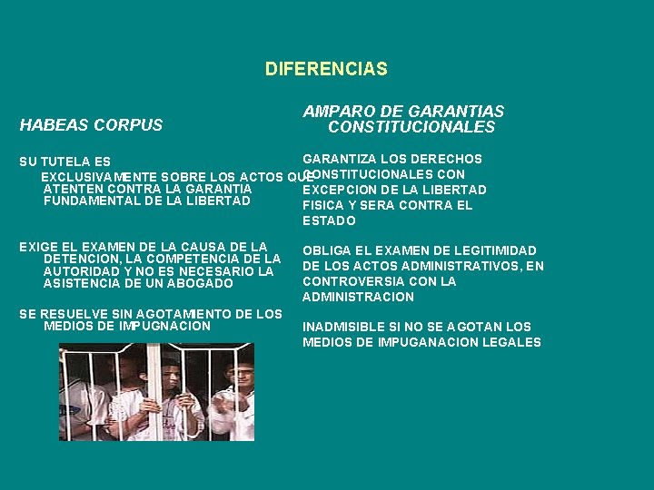 DIFERENCIAS HABEAS CORPUS AMPARO DE GARANTIAS CONSTITUCIONALES GARANTIZA LOS DERECHOS SU TUTELA ES CONSTITUCIONALES