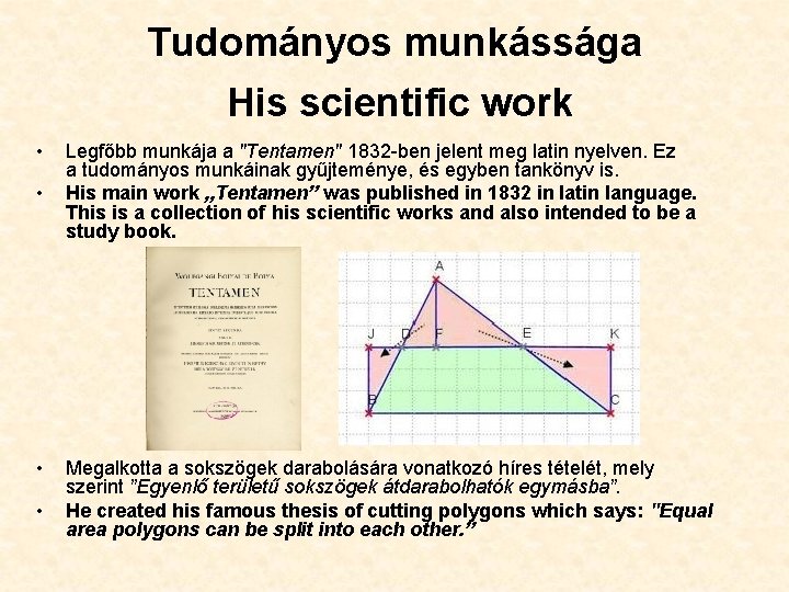 Tudományos munkássága His scientific work • • Legfőbb munkája a "Tentamen" 1832 -ben jelent
