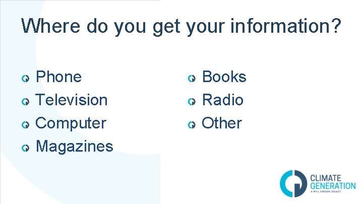 Where do you get your information? Phone Television Computer Magazines Books Radio Other 