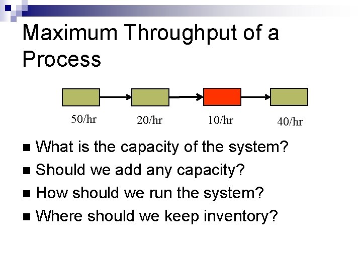 Maximum Throughput of a Process 50/hr 20/hr 10/hr 40/hr What is the capacity of
