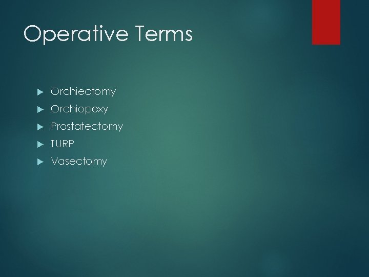 Operative Terms Orchiectomy Orchiopexy Prostatectomy TURP Vasectomy 