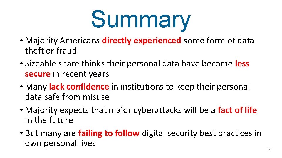 Summary • Majority Americans directly experienced some form of data theft or fraud •