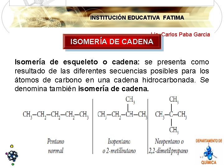 INSTITUCIÓN EDUCATIVA FATIMA Lic. Carlos Paba Garcia ISOMERÍA DE CADENA Isomería de esqueleto o