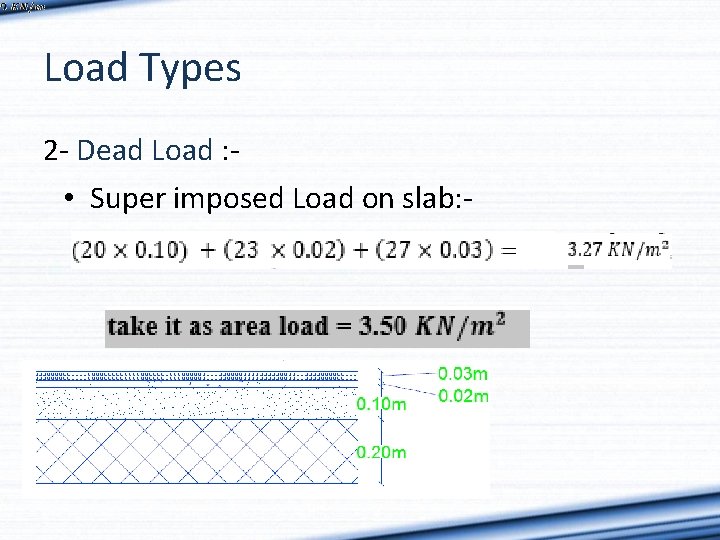 Load Types 2 - Dead Load : - • Super imposed Load on slab: