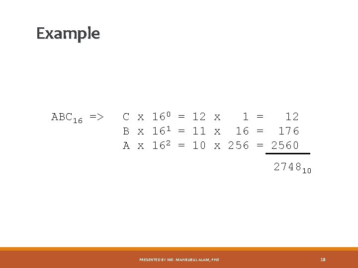 Example ABC 16 => C x 160 = 12 x 1 = 12 B