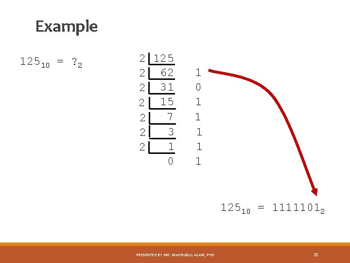 Example 12510 = ? 2 2 125 2 62 2 31 2 15 7