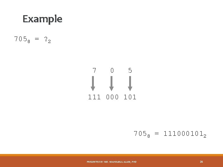 Example 7058 = ? 2 7 0 5 111 000 101 7058 = 1110001012