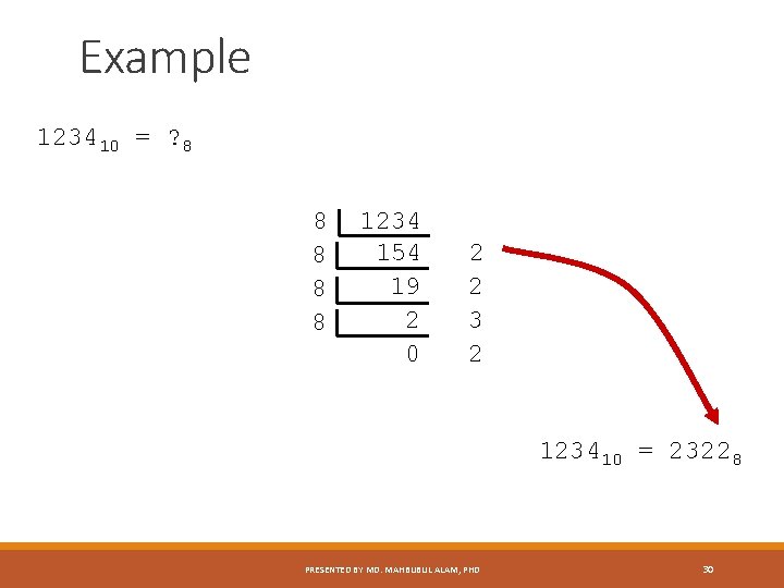 Example 123410 = ? 8 8 8 1234 154 19 2 0 2 2