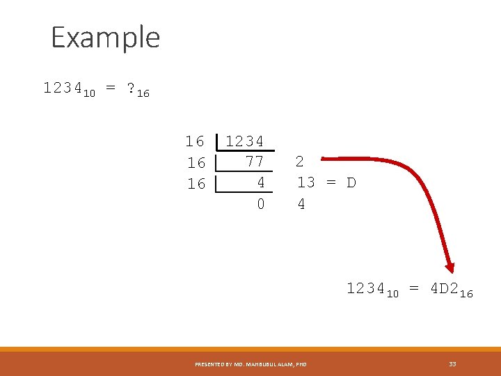 Example 123410 = ? 16 16 1234 77 4 0 2 13 = D