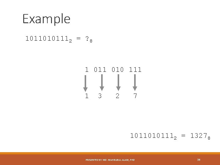 Example 10110101112 = ? 8 1 010 111 1 3 2 7 10110101112 =