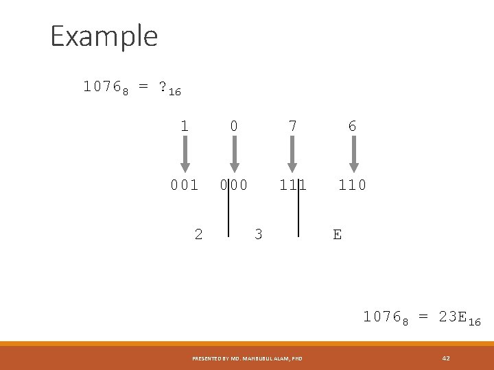 Example 10768 = ? 16 1 0 7 6 001 000 111 110 2