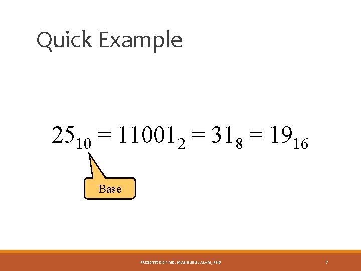 Quick Example 2510 = 110012 = 318 = 1916 Base PRESENTED BY MD. MAHBUBUL