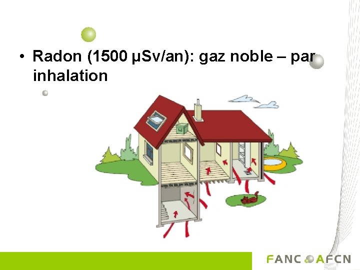  • Radon (1500 µSv/an): gaz noble – par inhalation 