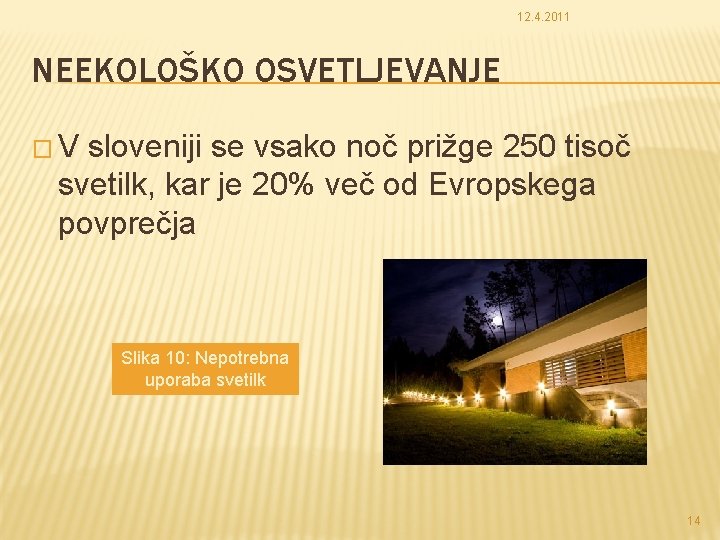 12. 4. 2011 NEEKOLOŠKO OSVETLJEVANJE �V sloveniji se vsako noč prižge 250 tisoč svetilk,