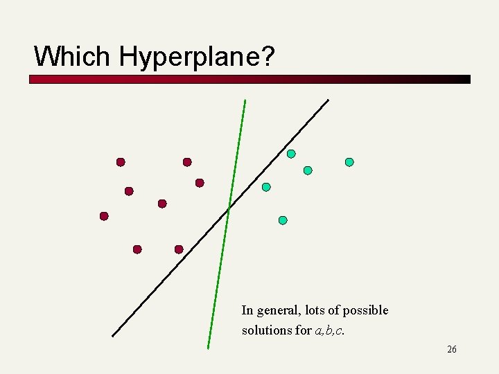 Which Hyperplane? In general, lots of possible solutions for a, b, c. 26 Which Hyperplane? In general, lots of possible solutions for a, b, c. 26