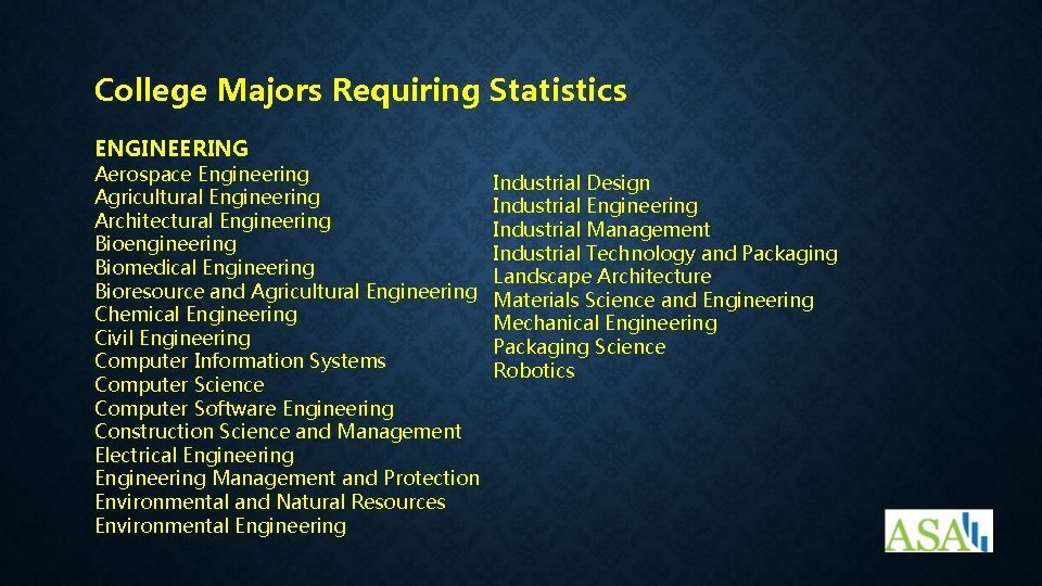 College Majors Requiring Statistics ENGINEERING Aerospace Engineering Agricultural Engineering Architectural Engineering Bioengineering Biomedical Engineering