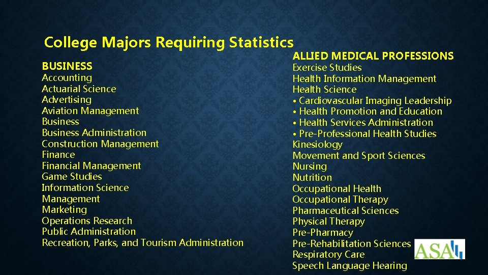 College Majors Requiring Statistics BUSINESS Accounting Actuarial Science Advertising Aviation Management Business Administration Construction