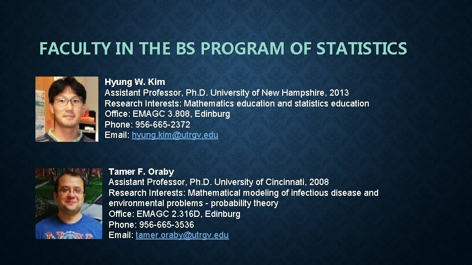 FACULTY IN THE BS PROGRAM OF STATISTICS Hyung W. Kim Assistant Professor, Ph. D.