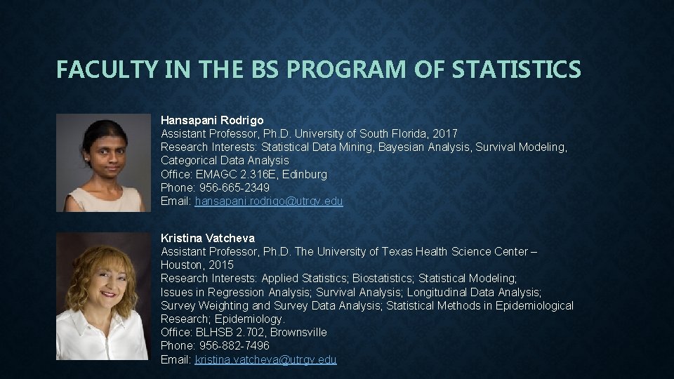 FACULTY IN THE BS PROGRAM OF STATISTICS Hansapani Rodrigo Assistant Professor, Ph. D. University