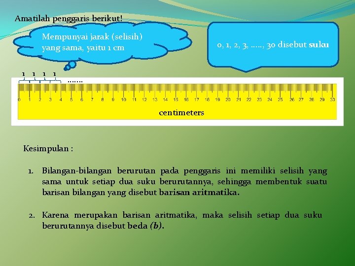 Amatilah penggaris berikut! Mempunyai jarak (selisih) yang sama, yaitu 1 cm 1 1 0,