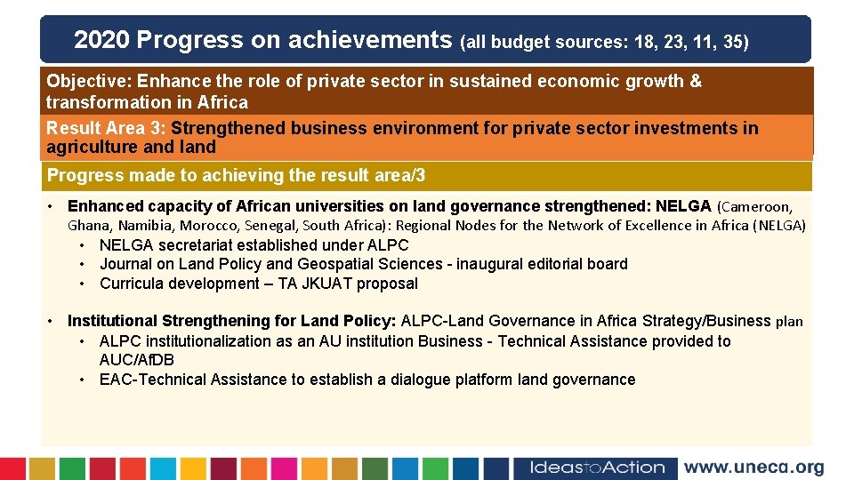 2020 Progress on achievements (all budget sources: 18, 23, 11, 35) Objective: Enhance the