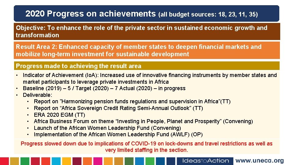 2020 Progress on achievements (all budget sources: 18, 23, 11, 35) Objective: To enhance