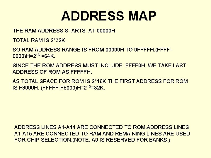 ADDRESS MAP THE RAM ADDRESS STARTS AT 00000 H. TOTAL RAM IS 2*32 K.