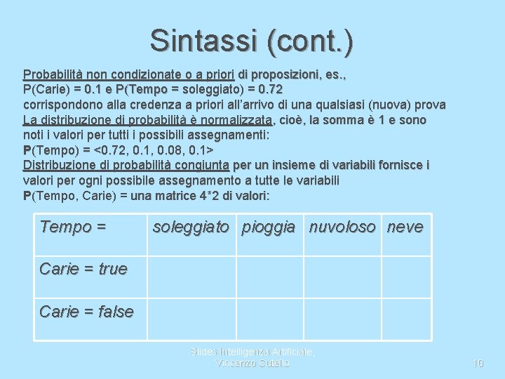 Sintassi (cont. ) Probabilità non condizionate o a priori di proposizioni, es. , P(Carie)