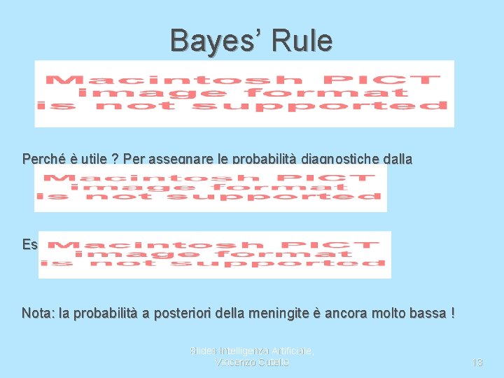 Bayes’ Rule Perché è utile ? Per assegnare le probabilità diagnostiche dalla conoscenza di