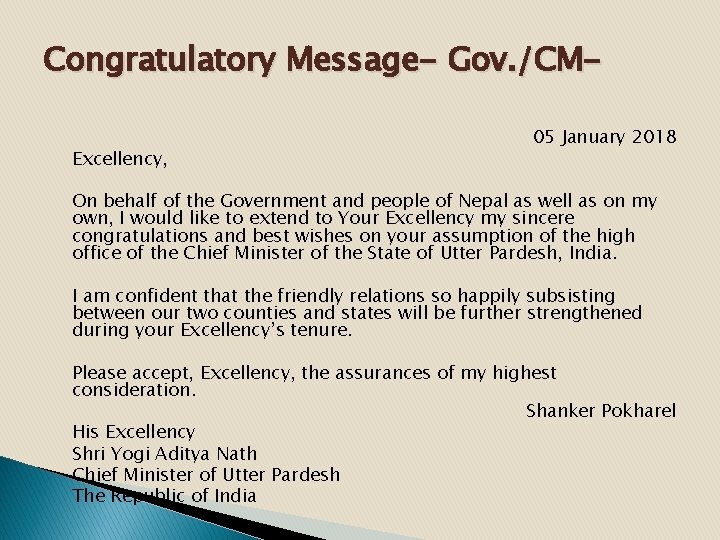 Congratulatory Message- Gov. /CMExcellency, 05 January 2018 On behalf of the Government and people