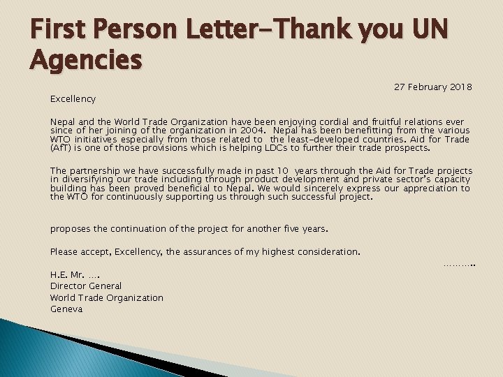 First Person Letter-Thank you UN Agencies Excellency 27 February 2018 Nepal and the World