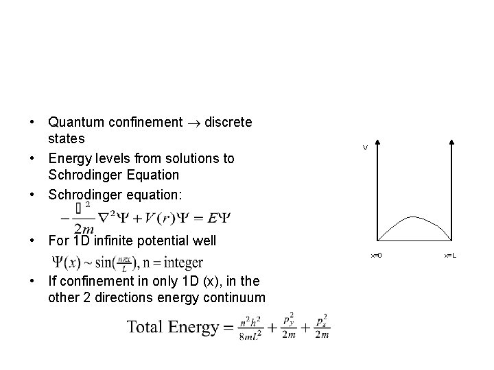  • Quantum confinement discrete states • Energy levels from solutions to Schrodinger Equation