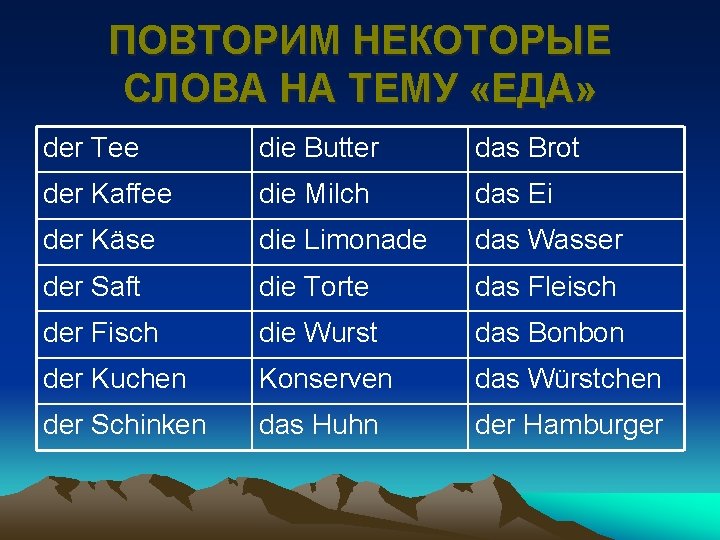 ПОВТОРИМ НЕКОТОРЫЕ СЛОВА НА ТЕМУ «ЕДА» der Tee die Butter das Brot der Kaffee