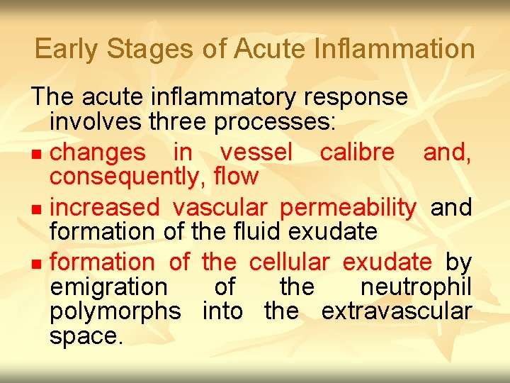 Early Stages of Acute Inflammation The acute inflammatory response involves three processes: n changes