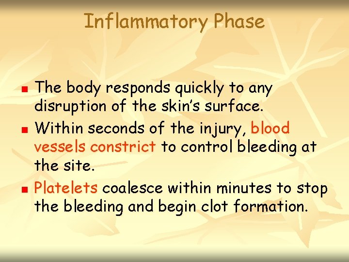 Inflammatory Phase n n n The body responds quickly to any disruption of the