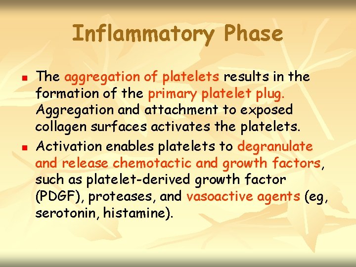 Inflammatory Phase n n The aggregation of platelets results in the formation of the