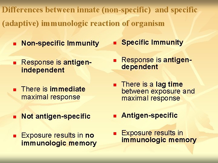 Differences between innate (non-specific) and specific (adaptive) immunologic reaction of organism n n n