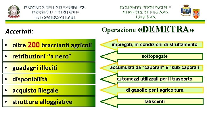 PROCURA DELLA REPUBBLICA PRESSO IL TRIBUNALE DI CASTROVILLARI Accertati: • oltre 200 braccianti agricoli PROCURA DELLA REPUBBLICA PRESSO IL TRIBUNALE DI CASTROVILLARI Accertati: • oltre 200 braccianti agricoli