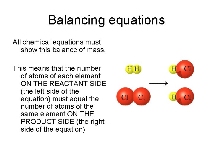 Balancing equations All chemical equations must show this balance of mass. This means that