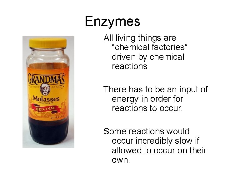 Enzymes All living things are “chemical factories” driven by chemical reactions There has to