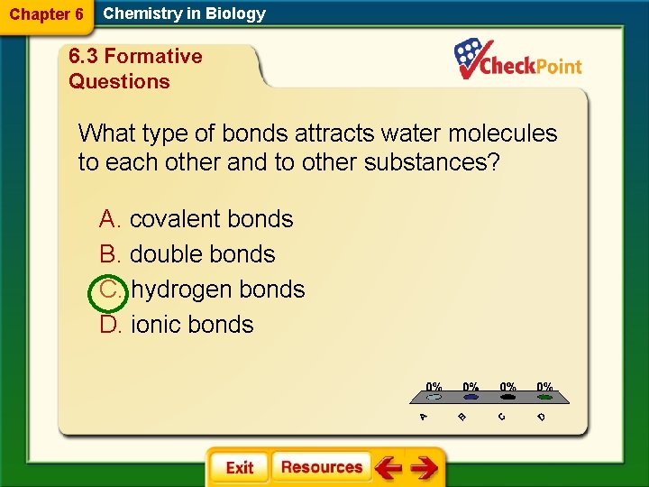 Chapter 6 Chemistry in Biology 6. 3 Formative Questions What type of bonds attracts