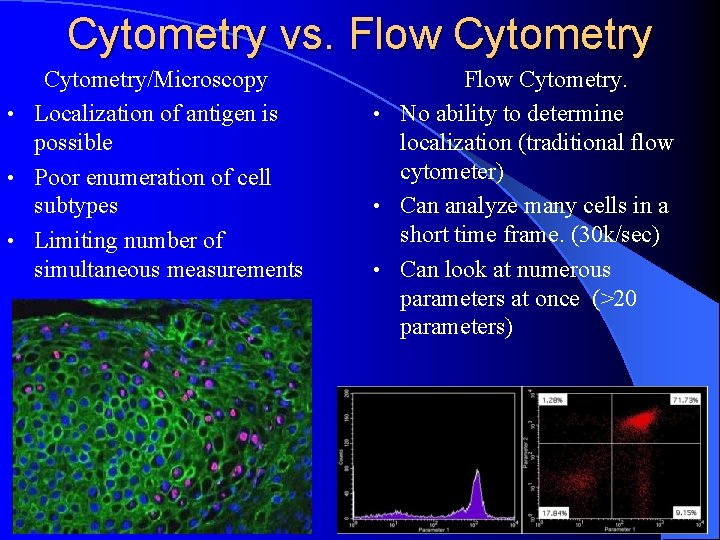 Cytometry vs. Flow Cytometry/Microscopy • Localization of antigen is possible • Poor enumeration of
