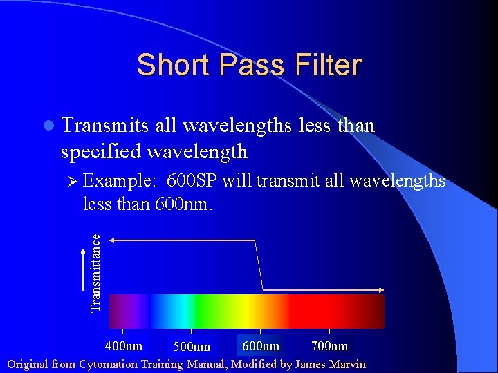 Short Pass Filter l Transmits all wavelengths less than specified wavelength Ø Example: 600