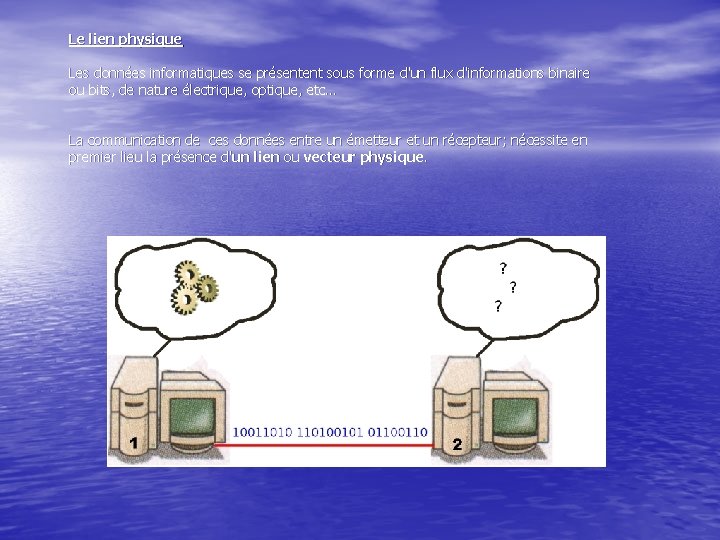 Le lien physique Les données informatiques se présentent sous forme d'un flux d'informations binaire