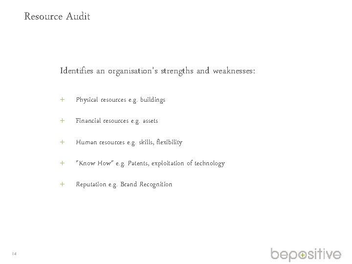 Resource Audit Identifies an organisation’s strengths and weaknesses: 14 Physical resources e. g. buildings