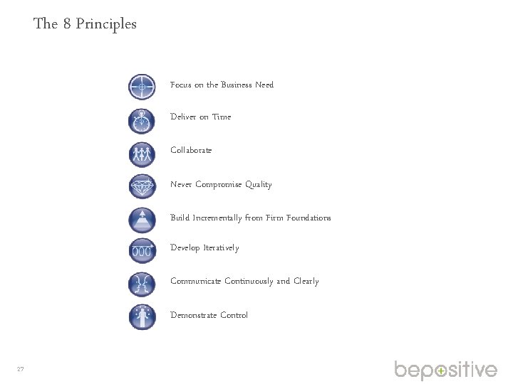 The 8 Principles Focus on the Business Need Deliver on Time Collaborate Never Compromise